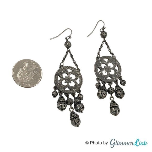 Silver Tone Chandelier Filigree Beaded Floral Dangle Earrings - Picture 4 of 8